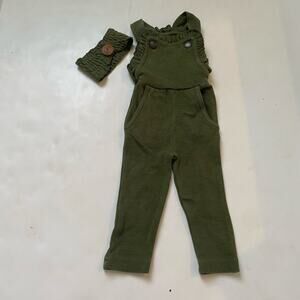 NEW Lovedbaby Forest Green Ribbed Ruffle Overalls Headband Organic Cotton Outfit